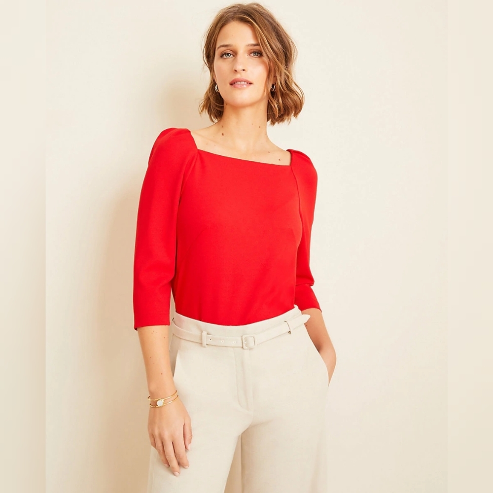 Ann Taylor square neck puff sleeve top red size XS